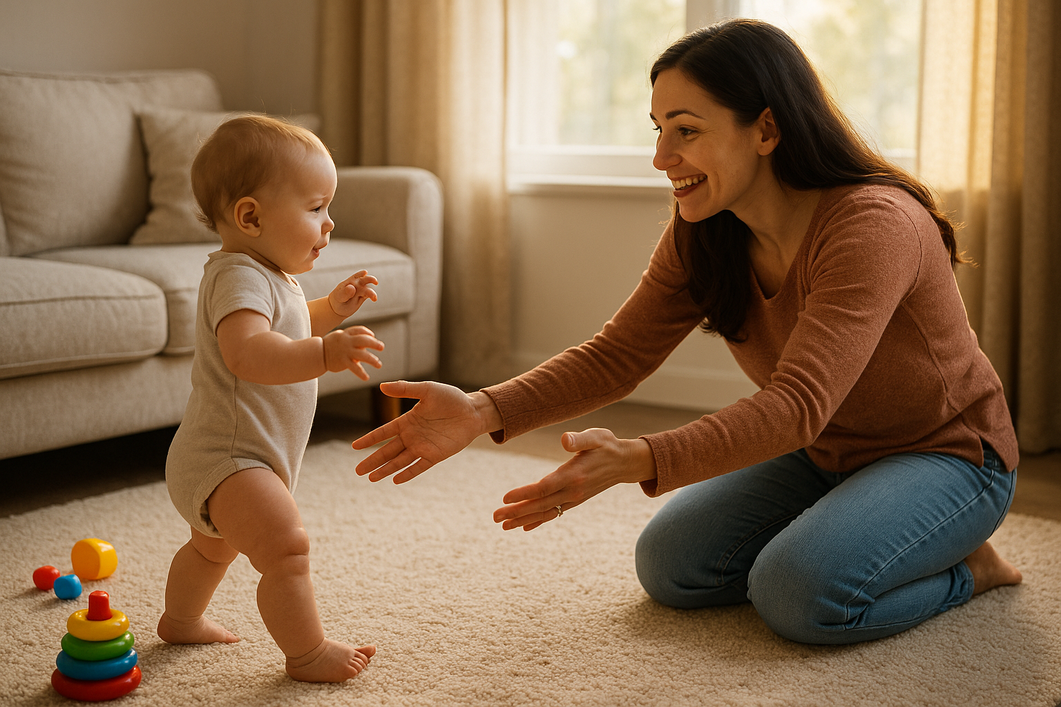 baby steps with mother caring for her baby to not fall