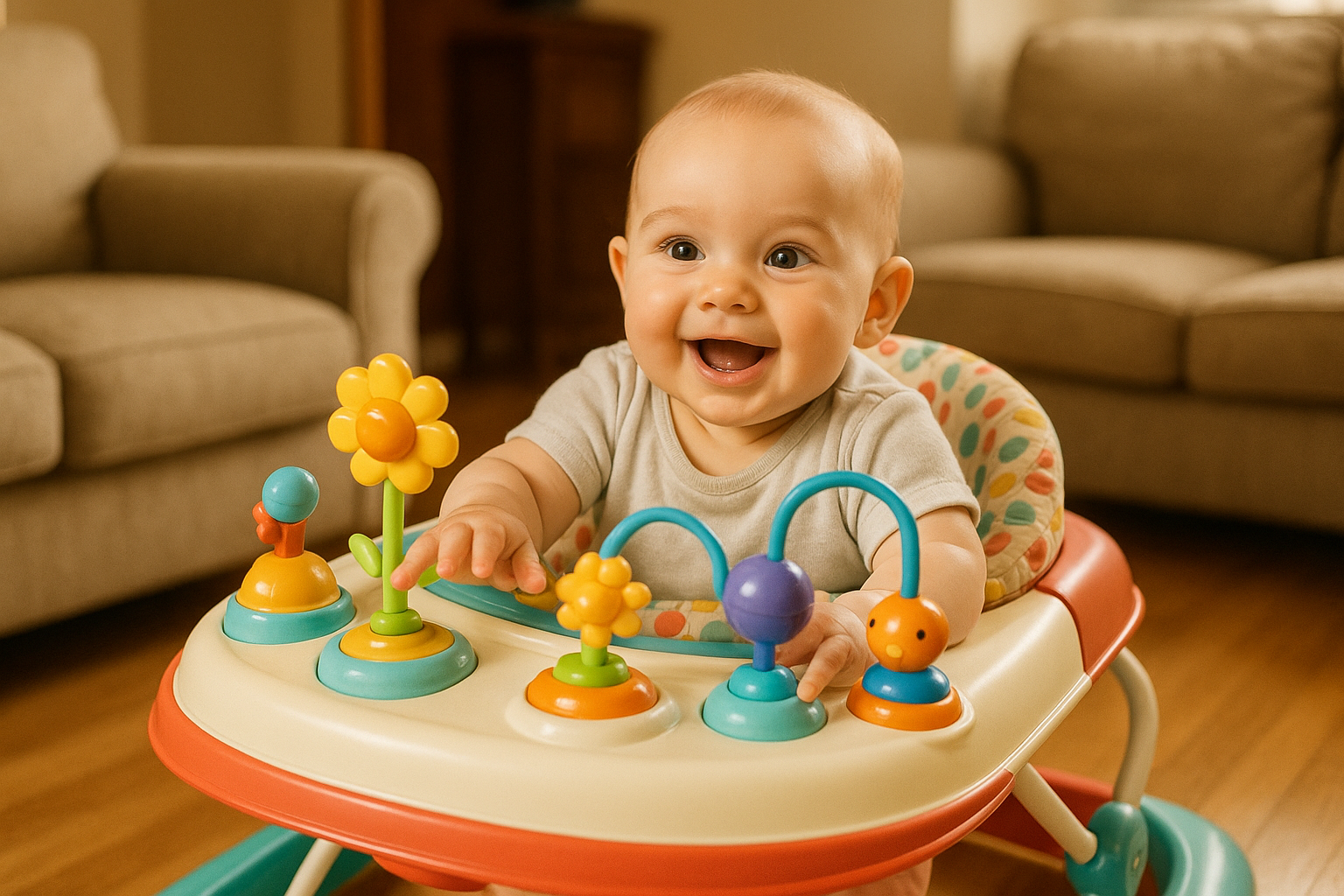 HAPPY BABY PLAYING IN HOME WHILE SITTING ON A BABY WALKER